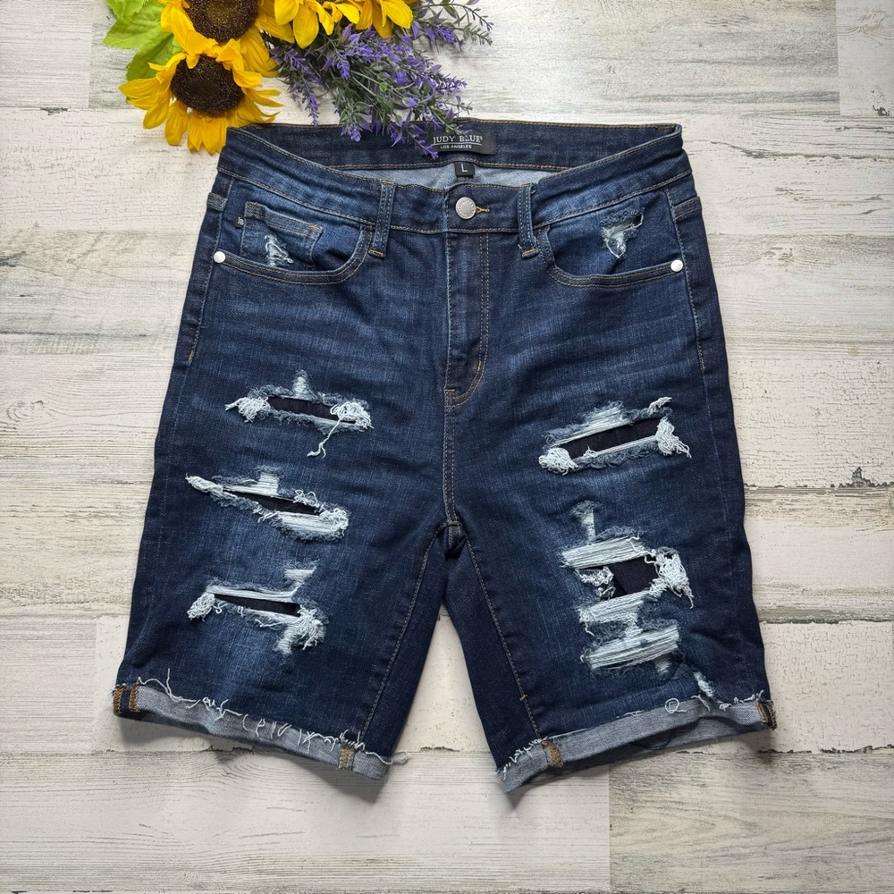 Judy Blue Patch Destroyed Dark Denim Bermuda Jean Shorts - Picture 4 of 5